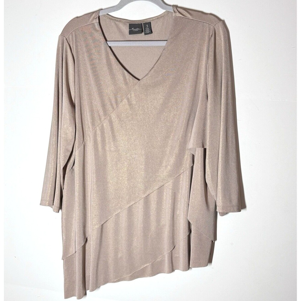 Chicos Travelers Dressy Tunic Sz XL Beige Gold Shimmer‎ Metallic Layered 3/4 Slv
